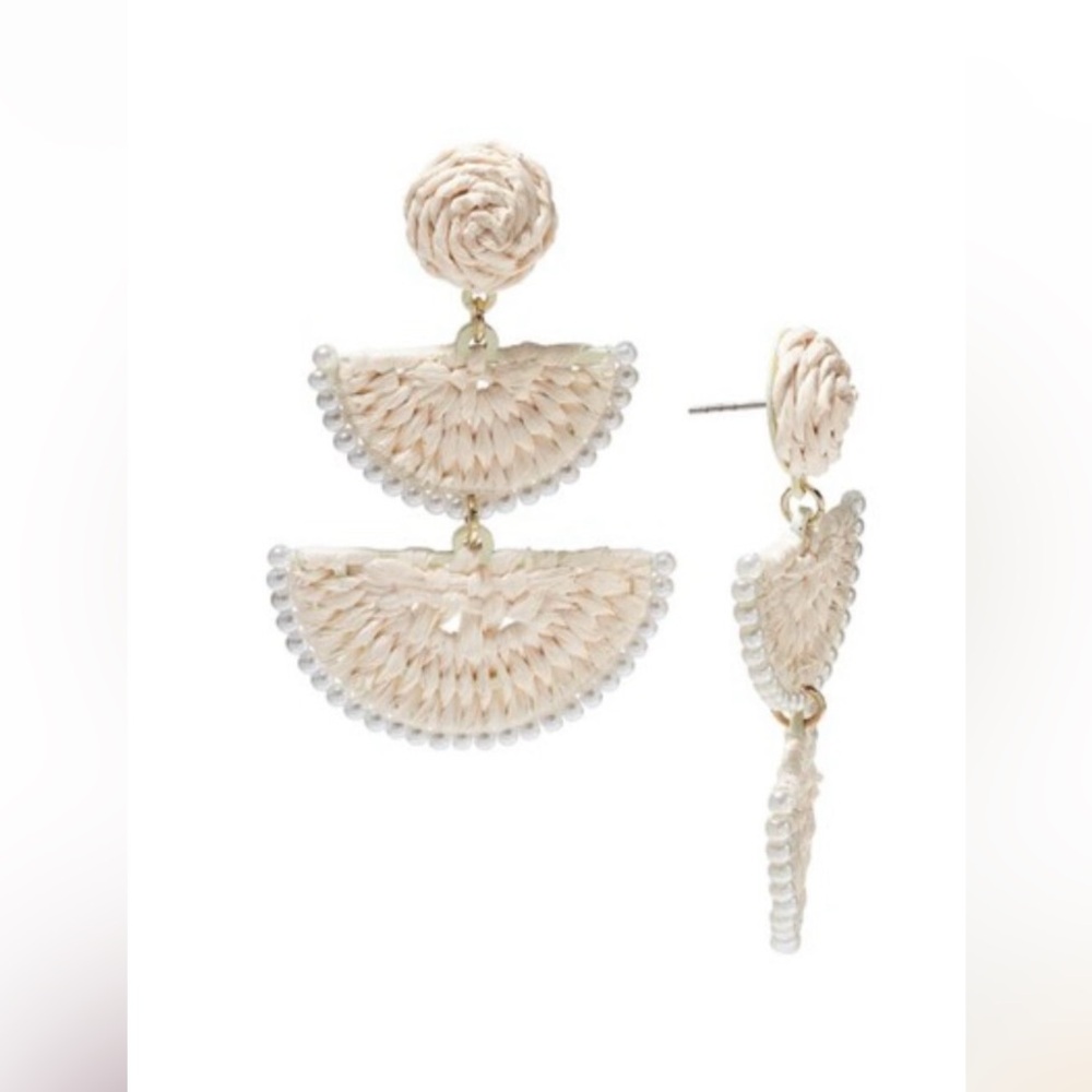 On 34th Earrings. Woven Raffia Drop Style. Cream with stone bead accents. NWT